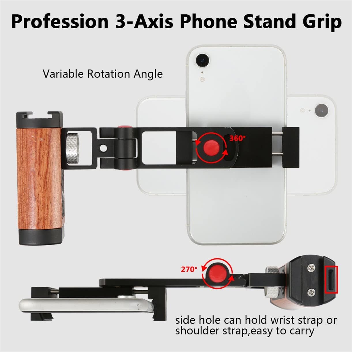 Amykite 1/4 Foldable Smartphone Grip Mount with Wrist Strap, Compatible with Standard Screw Selfie Stick for Tripod