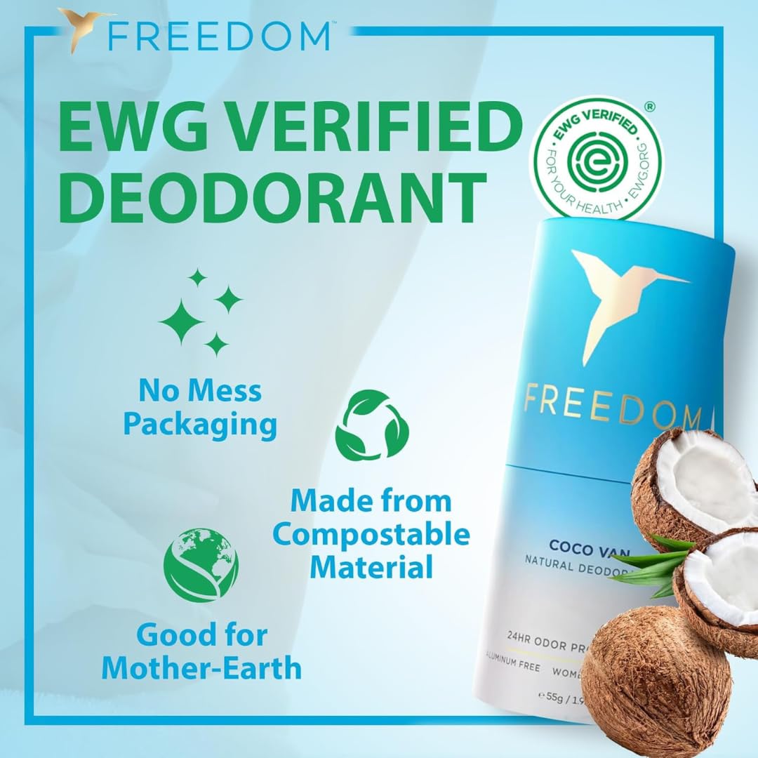 Freedom All Natural & Aluminum-free Deodorant for Women with 24-Hour Odor Protection in Eco-friendly Packaging - Made with Organic Essential Oils - Coco Van 1.9oz