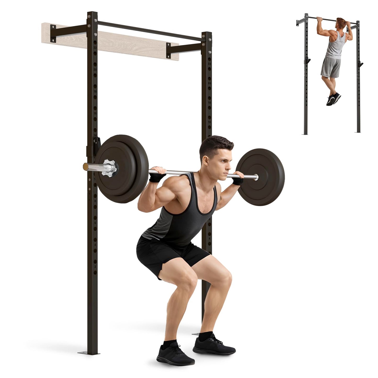 SPORTSOUL Wall Mounted Half Rack, 900lbs Squat Rack with Pull Up Bar for Home Gym, Space-Saving 2"x2" Pull-Up Station with Adjustable J-Hooks for Garage & Apartment (Black)