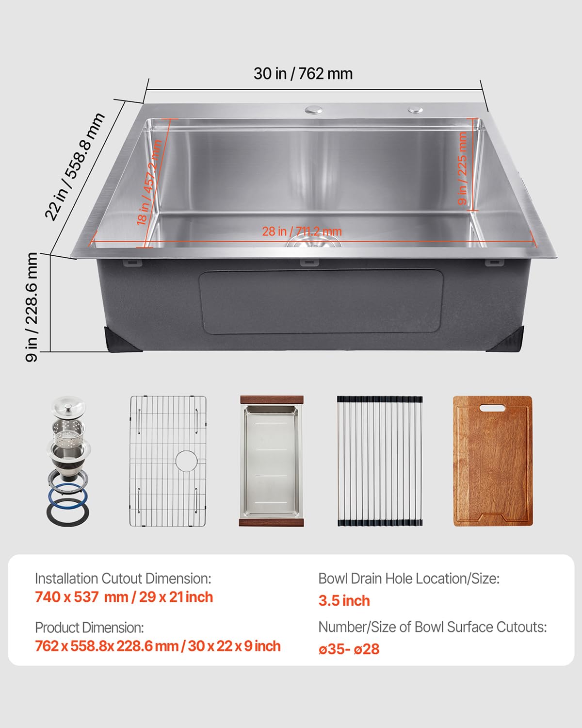 VEVOR Drop In Kitchen Sink 30 Inch Kitchen Sink Workstation, 304 Stainless Steel Top Mount Sinks, Drop-In Single Bowl with Ledge & Multiple Accessories Sink for RV, Prep Kitchen, Bar 30 x 22 x 9inch