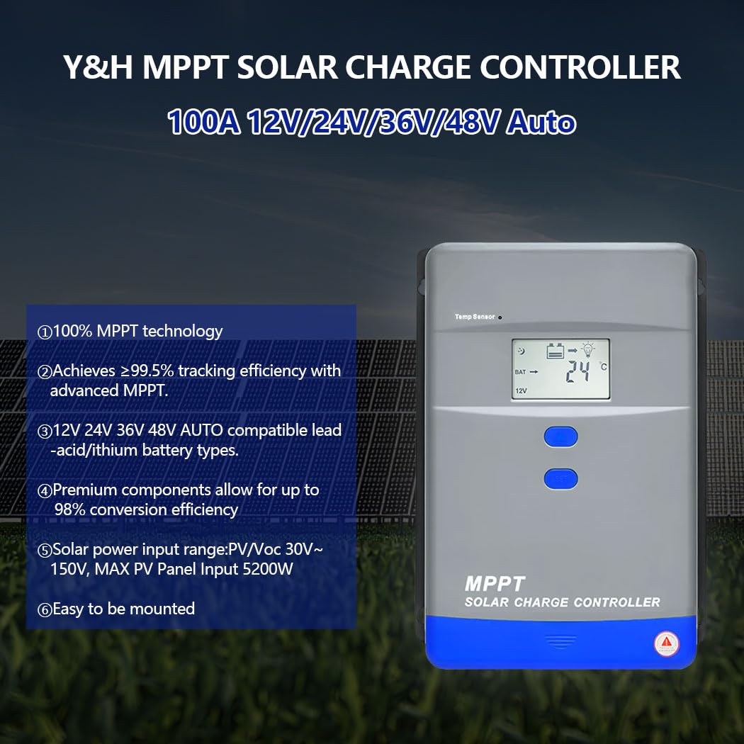 100A MPPT Solar Charge Controller 12V/24V/36V/48V Auto Battery Regulator LCD Display,MAX PV Panel Input 5200W for AGM, Gel, Flooded and Lithium Battery Charging, High-Efficiency Energy Conversion