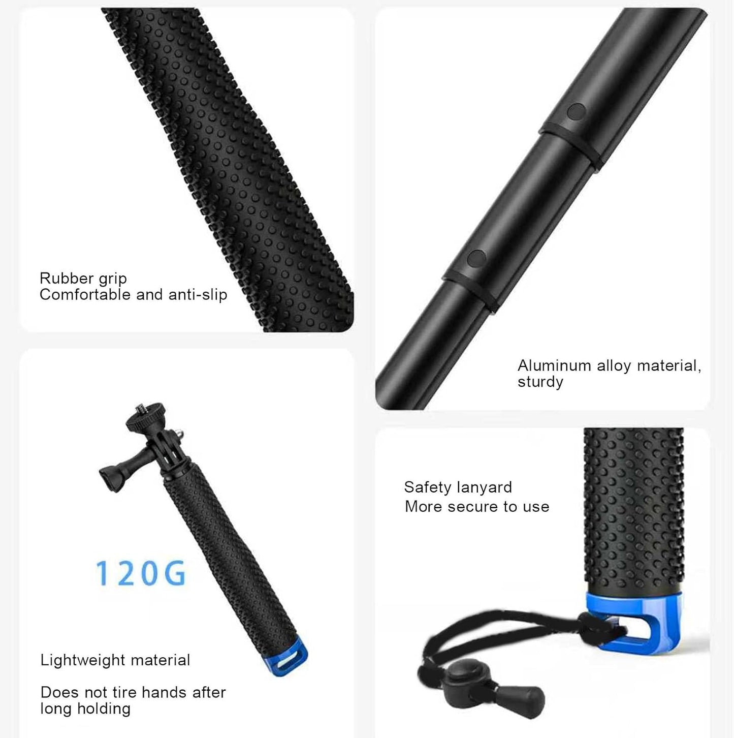 Dpofirs 4 Extendable Action Camera Selfie Stick, Section Telescoping Monopod with Adjustable Locking and Rubber Grip
