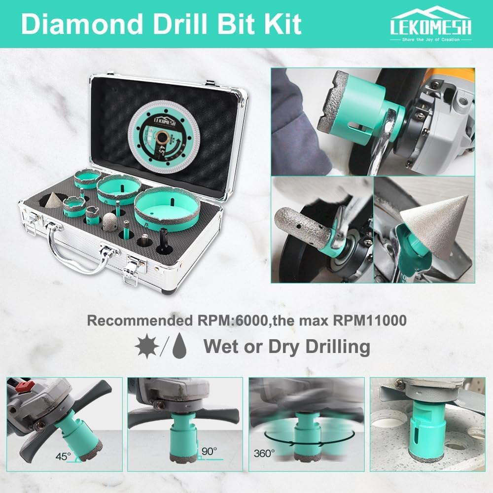 LEKOMESH Diamond Hole Saw Kit - Tile Hole Saw Kit 6-100mm with Cutting Disc, 13PCs for Porcelain Tile, Ceramic, Granite, Marble, Stone, Masonry Dry/Wet Drilling, Milling and Chamfering