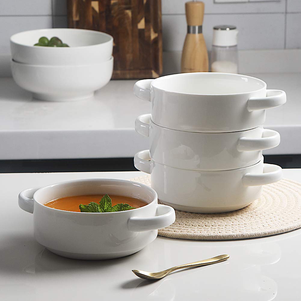 Sweejar Ceramic Soup Bowls with Double Handles, 20 Oz Stacked Bowls for French Onion Soup, Cereal, Pot Pies, Stew, Chill, Pasta, Set of 4 (White)