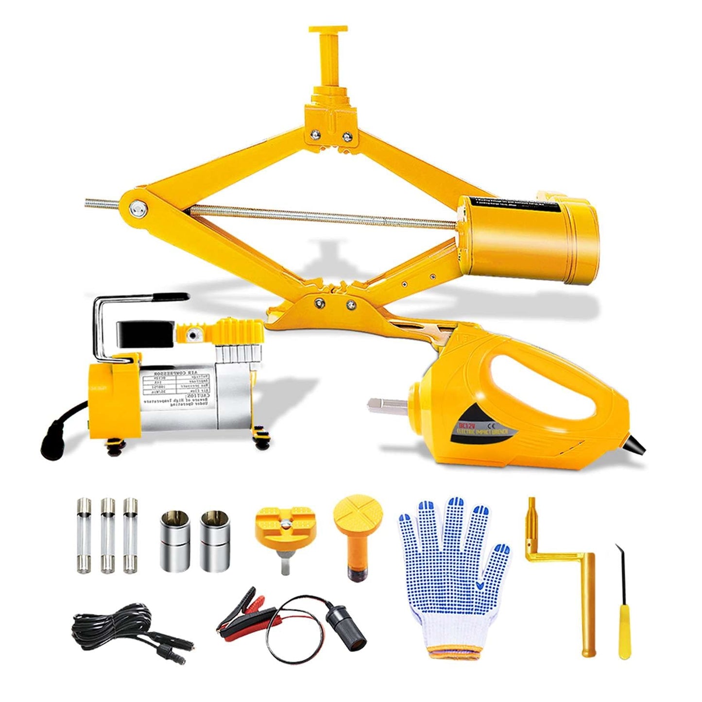 E-HEELP Electric Car Jack 3T Scissor Floor Jack Set 12V Automatic Vehicle Lift Kit with Impact Wrench & Inflator for Sedans(Lifting rang: 4.72~14.57 inch)