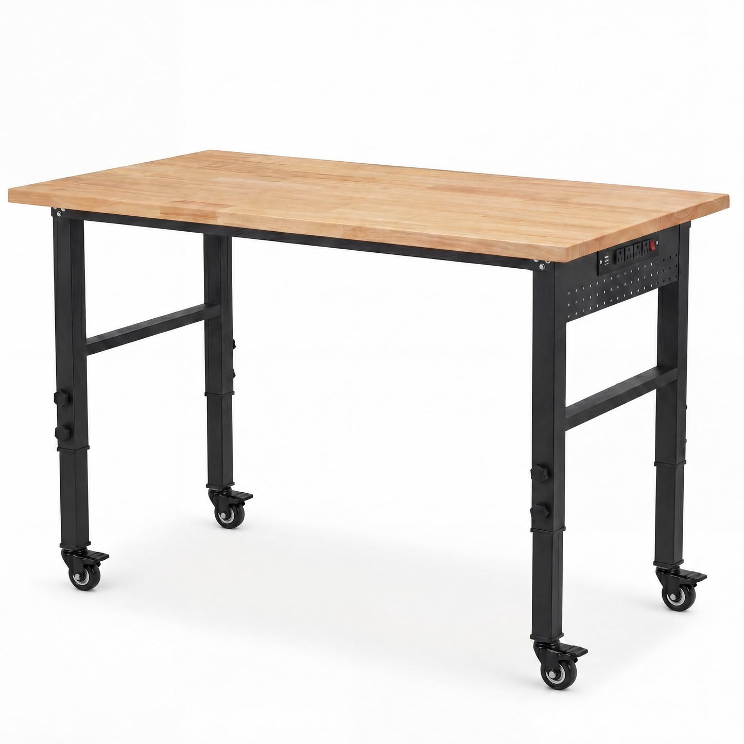 VUWIF 48" Workbench with Casters, Adjustable Height Workbench with Rubberwood Top, Built-in Power Strip with 4 AC Outlets and 2 USB Ports, 2000 LBS Capacity for Garage, Workshop, and Home
