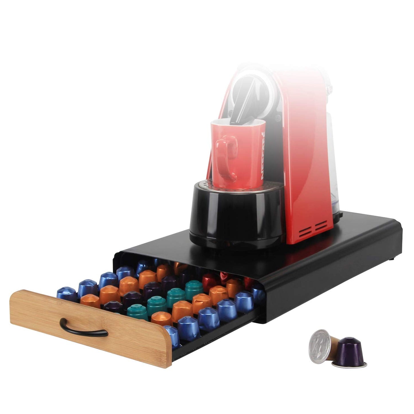 Flagship Coffee Pod Holder for Nespresso Originalline Capsule Holder Drawer Pod Storage Drawer 60 Capacity, Black Metal & Bamboo Coffee Drawer