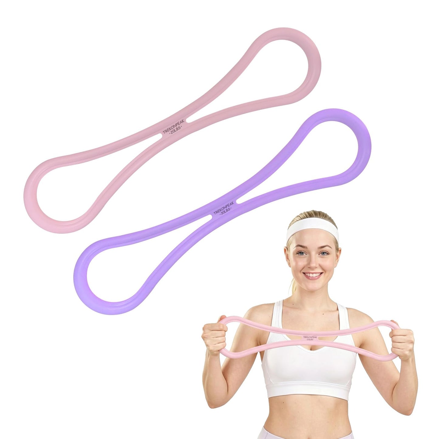 TREKONPEAK Figure 8 Resistance Bands, 8-Shaped Exercise Band for Women Arms Shoulder Back Legs Stretching Pilates Yoga (Pink 20Lb & Purple 30Lb)