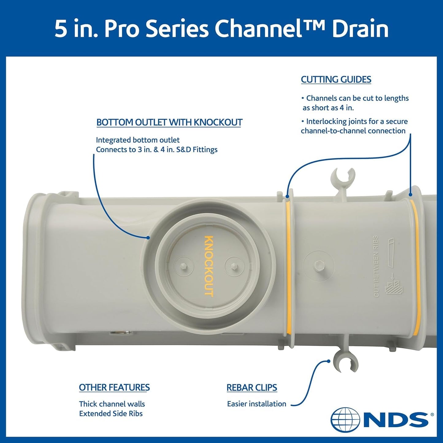 NDS Pro Series Channel Drain Kit, 5-1/2 in. X 39-3/8 in. Deep Profile Channel, Galv. Steel Grates, End Caps/Outlet, 5 in.
