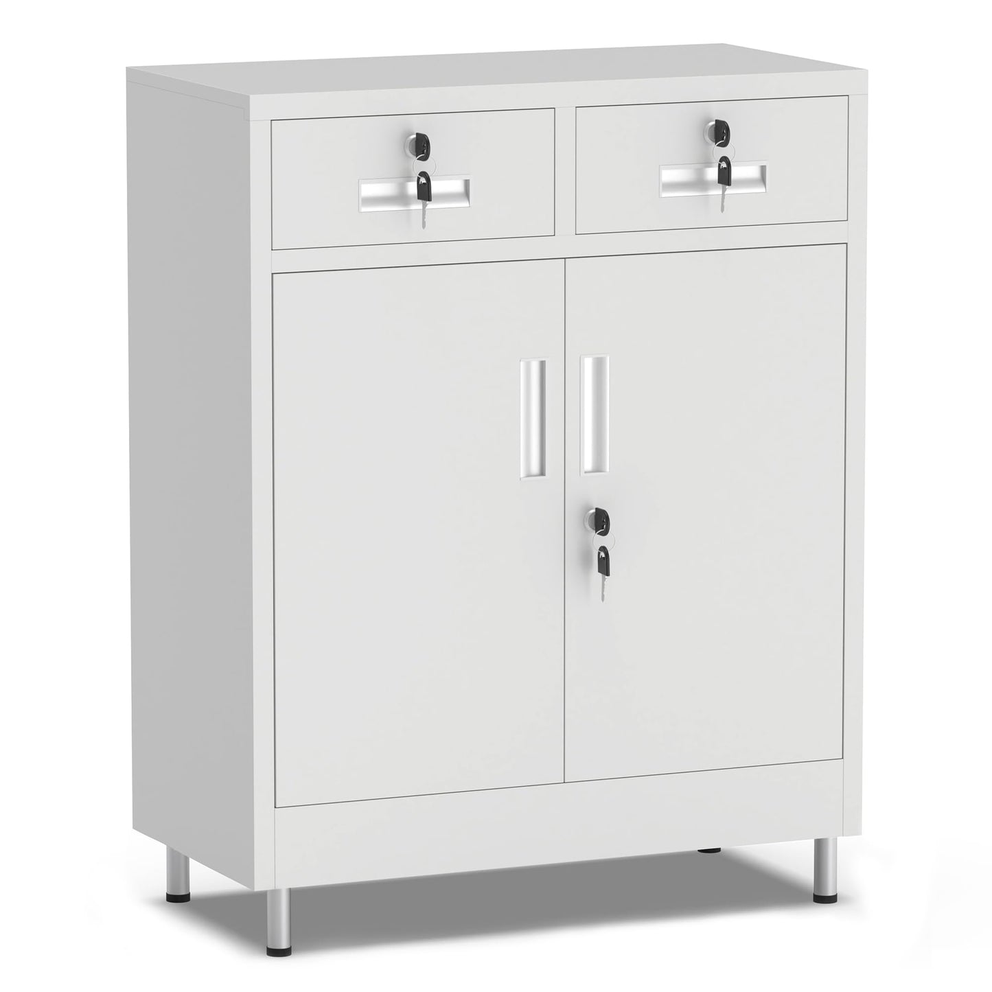JINGUR Metal Storage Cabinet with Locking Doors and 2 Drawers, Lockable Storage Cabinet with Adjustable Shelf for Home Office Garage Entryway Pantry (White)