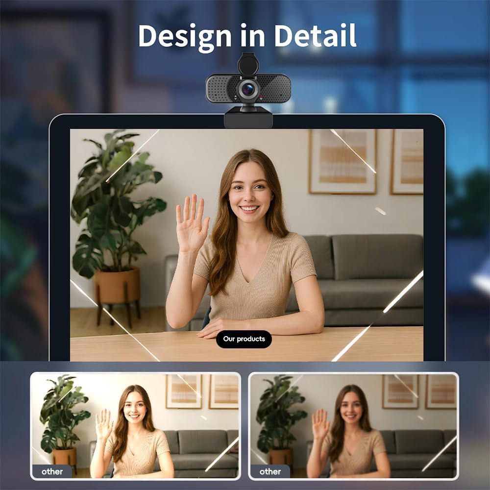 Kemeiv 2K Webcam PC Webcam with Microphone and Physical Privacy Cover, Noise-Canceling Microphone, Auto Light
