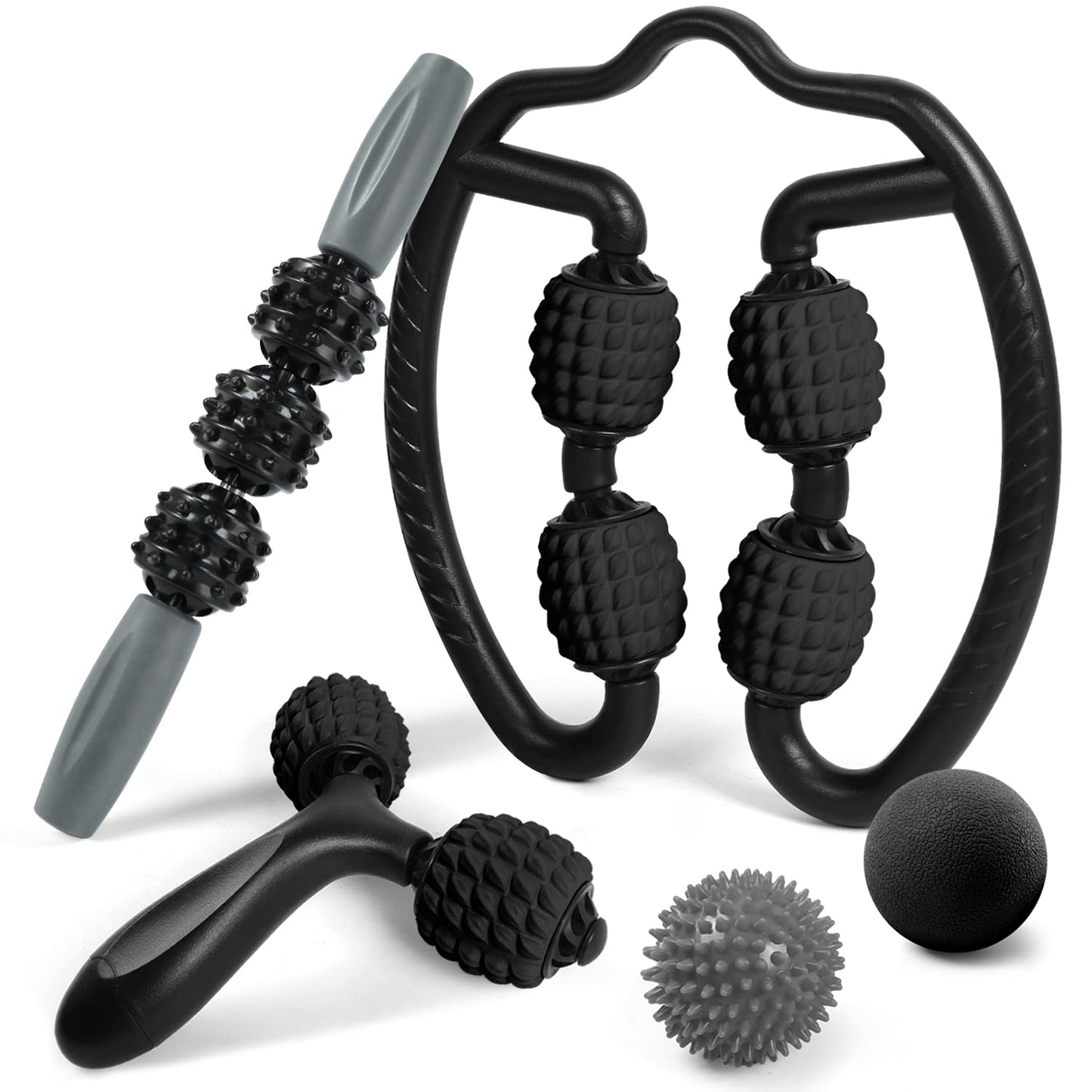 Odoland Massage Set - 360 Trigger Point, Muscle Roller Stick, Y Shaped Handheld, 2 Massage Balls for Legs, Arms - Myofascial & Deep Tissue Pain Relief - Black