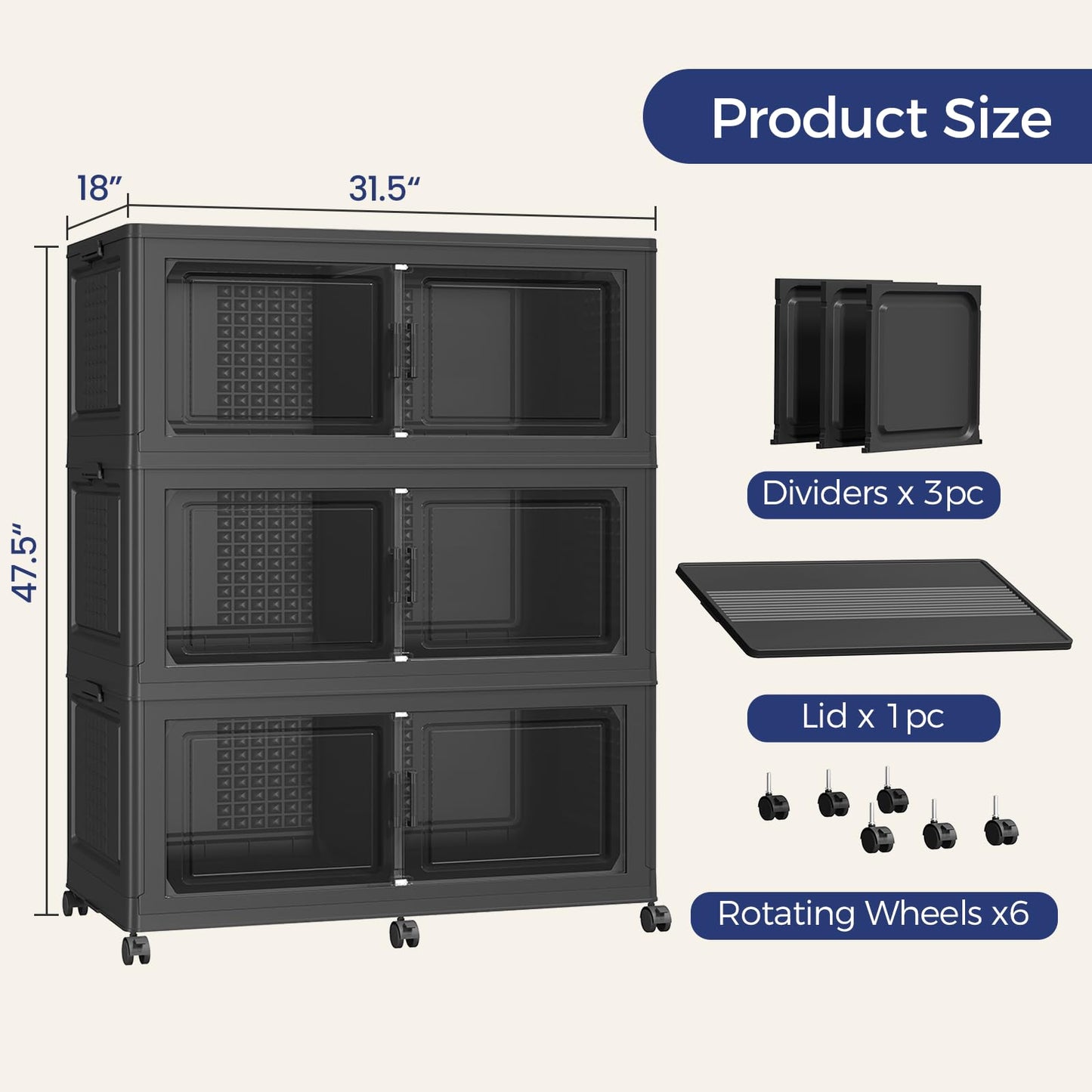 HOCRYPTA 150Gal 3-Tier Collapsible Storage Bins with Lid & Wheels, 600QT Stackable Large Plastic Storage Cabinet Organizer Box with Doors for Bedroom Closet Kitchen Clothing Storage, Black