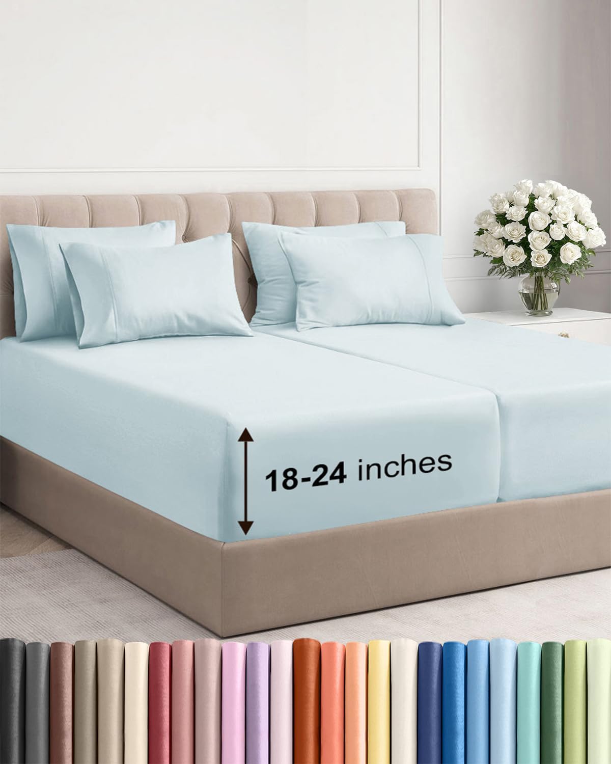 Skiennix Extra Deep Split King Sheet Set - 7 Piece Breathable Cooling Bedding - Soft Wrinkle-Free Ice Blue