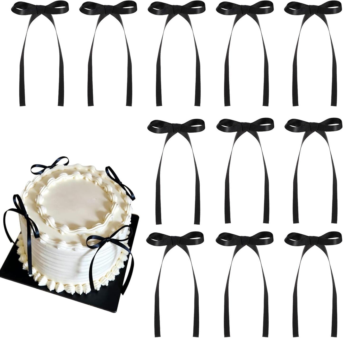 Skiennix 30 Pack Bow Cake Toppers - Elegant Black Ribbon Bows for Graduation & Wedding Decor