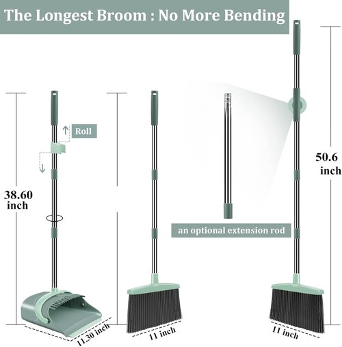 Ivandar Broom and Dustpan Set - Long Handle Combo for Easy Sweeping | Gray & Green