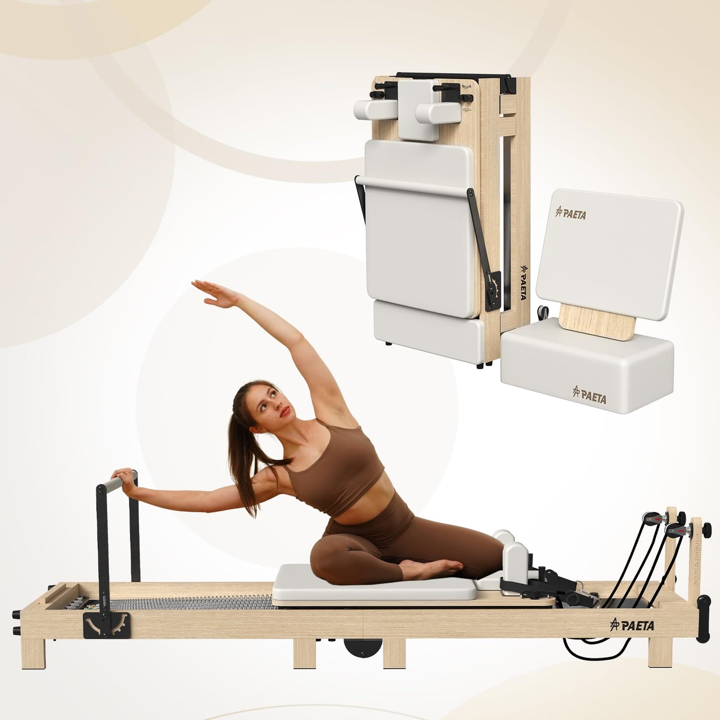 Pilates Reformer, PAETA 92" Wooden Foldable Pilates Reformer Machine with Springs, Pilates Machines for Home Use and Studio, Pilates Equipment with Sitting Box, Jump Board and Accessories(White)