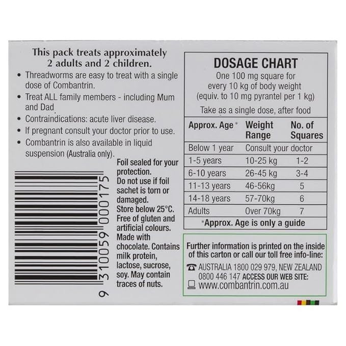 Combantrin Chocolate Squares – Convenient Family Treatment – 24 Squares - Made in Australia