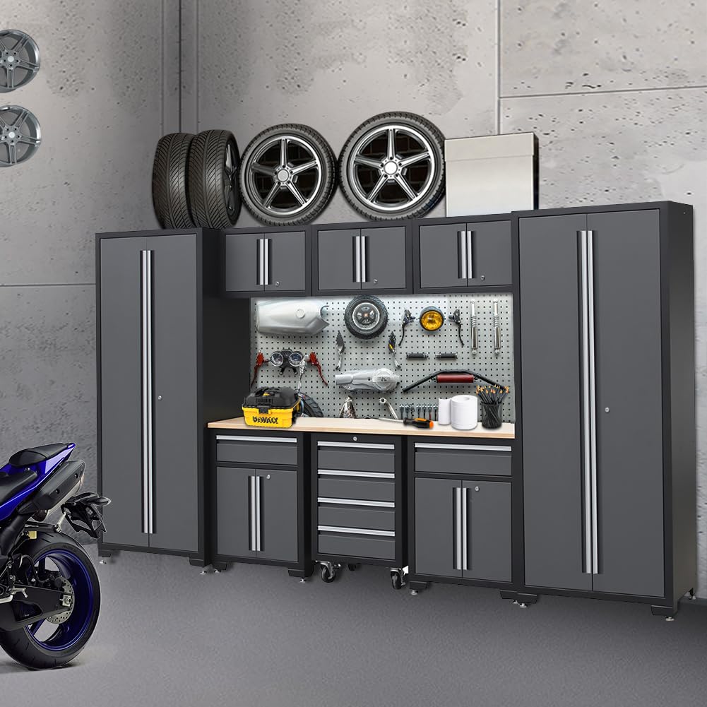 HPDMC 9-Piece Steel Garage Storage Cabinet System with Wooden Work Top, 130 in. L x 18 in. D x 76 in. H Assembled Workshop Chest Cabinet Set in Charcoal Gray