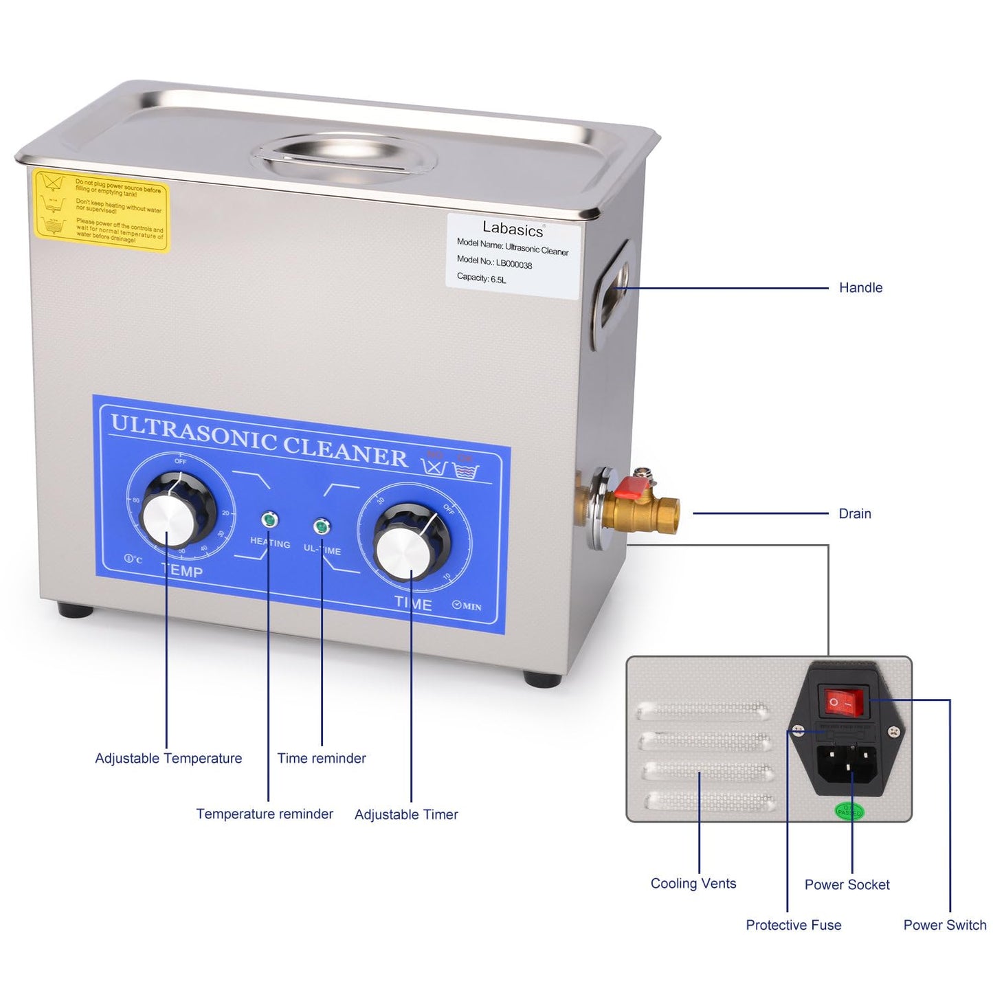 Labasics Ultrasonic Cleaner, 304 Stainless Steel All-purpose Ultrasonic Washing Device with Mechanic Control Panel of Heating and Timer for Laboratory 40kHz 110V, 6.5L