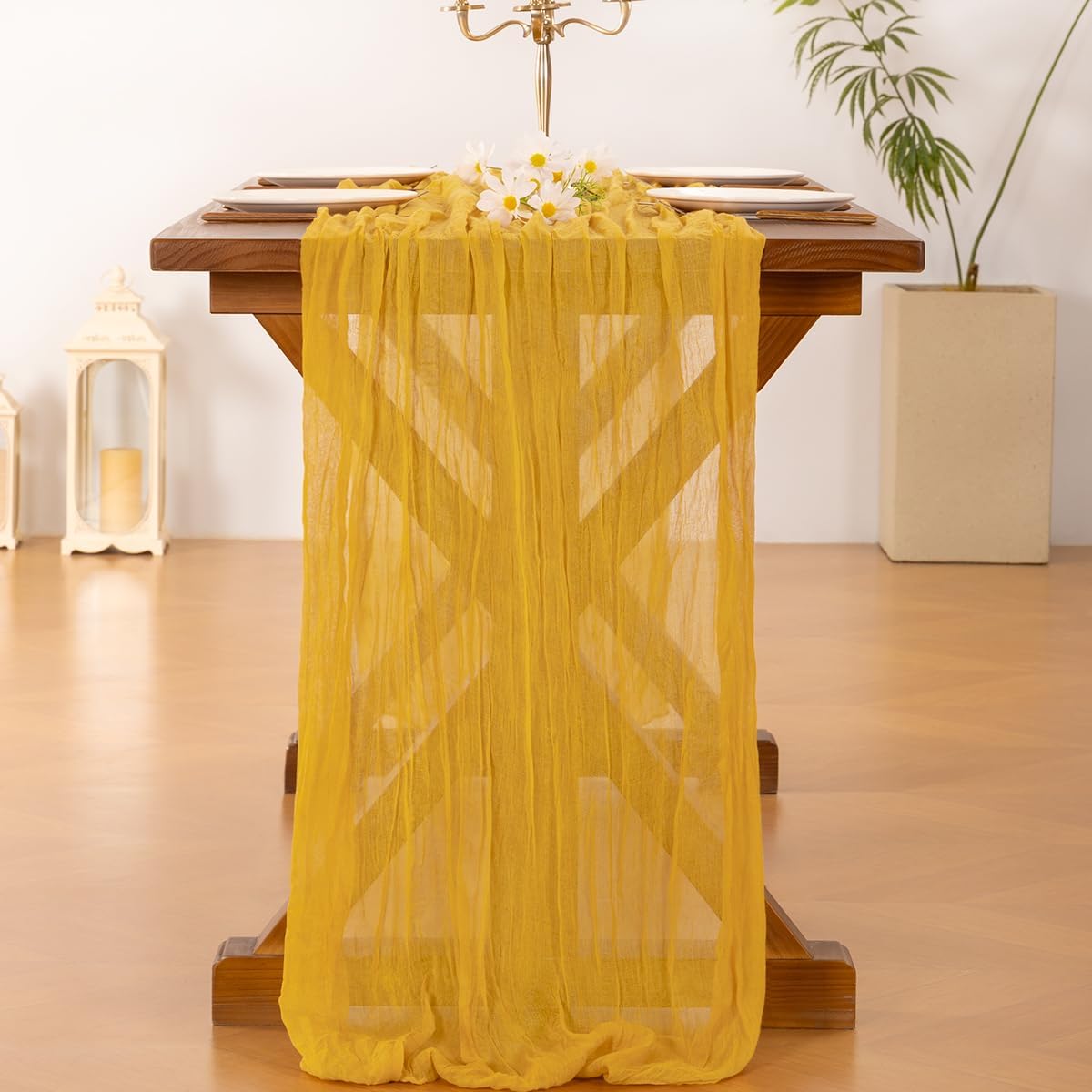 Socomi Gold Yellow Cheesecloth Table Runner - 120 Inch Rustic Boho Decor for Weddings & Events