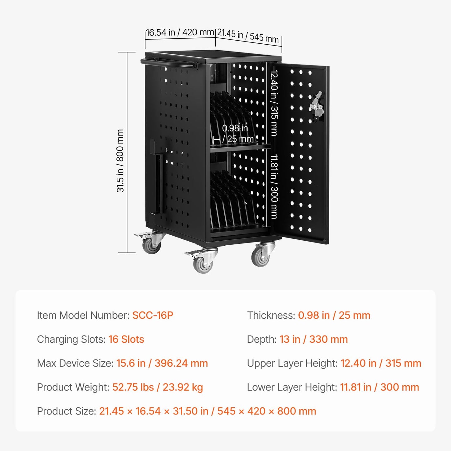 VEVOR 16 Device Charging Station with Lock & Key, Mobile Charging Cart for Chromebook, iPads, Tablet and Laptop, Up to 15.6 in Screen Size, Office and Classroom Locking Charging Station