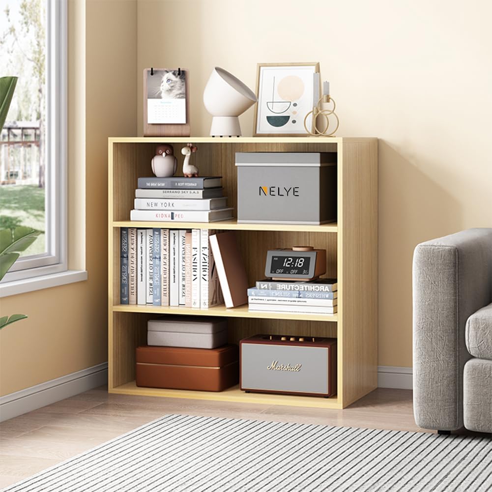 NELYE Basic Open Shelf Bookcase - 3-Tier Wooden Cube Storage Shelves Split Bookshelf, Oak