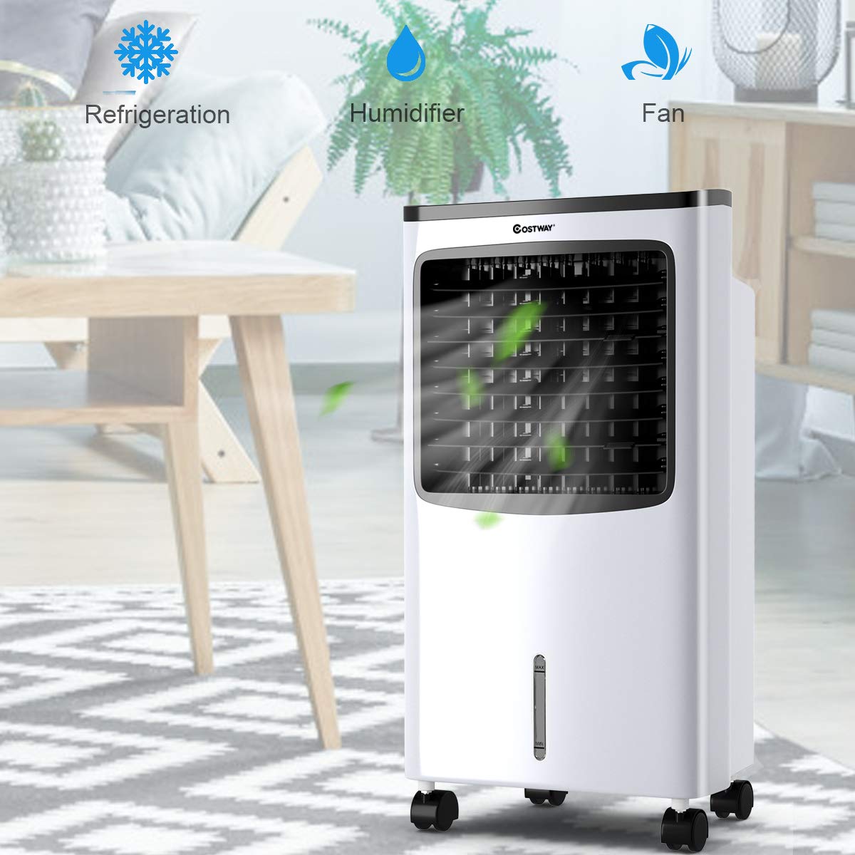 COSTWAY Evaporative Cooler, Portable Cooling Fan with Remote Control, 3-Mode, 3-Speed and 7.5H Timer Function, Include Ice Crystal Boxes, Water Tank and Casters, Bladeless Air Cooler