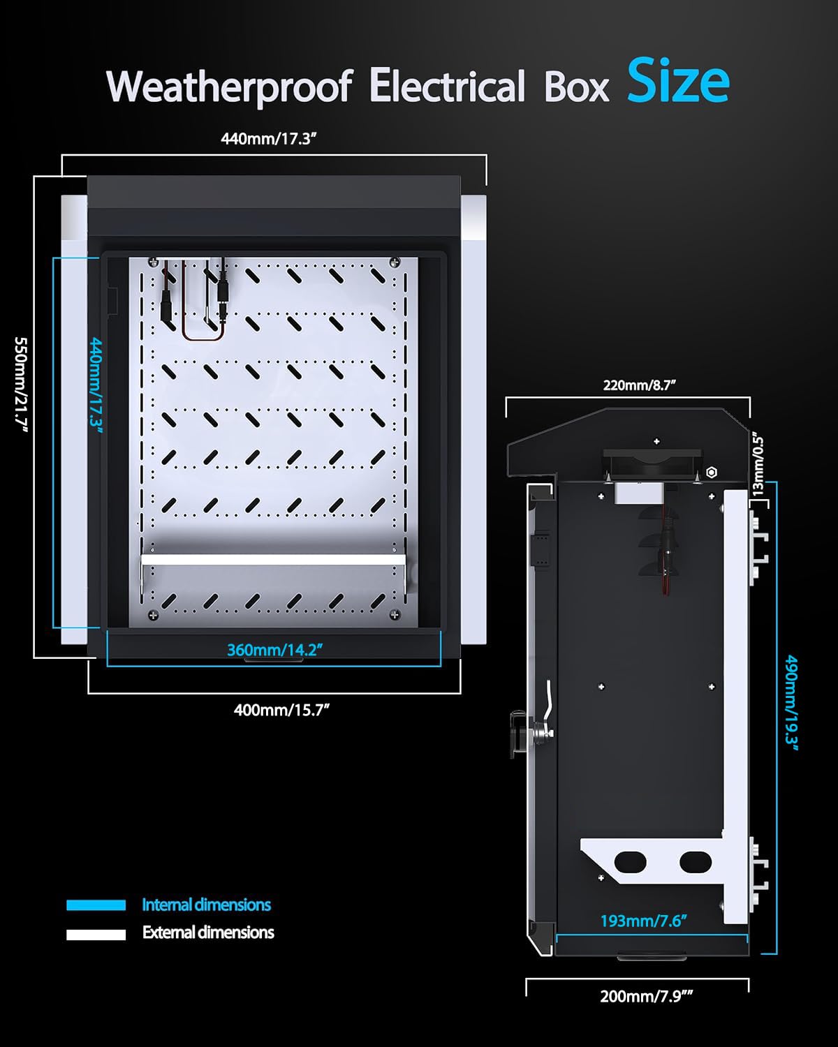 Akwscyby Outdoor Electrical Box with Thermostat and Fan, Precise Temperature Control 0.1°F, IP65 Water Resistant Rating, Galvanized Steel, Aluminum Rear Beam(21.7" x 17.3" x 9.0")