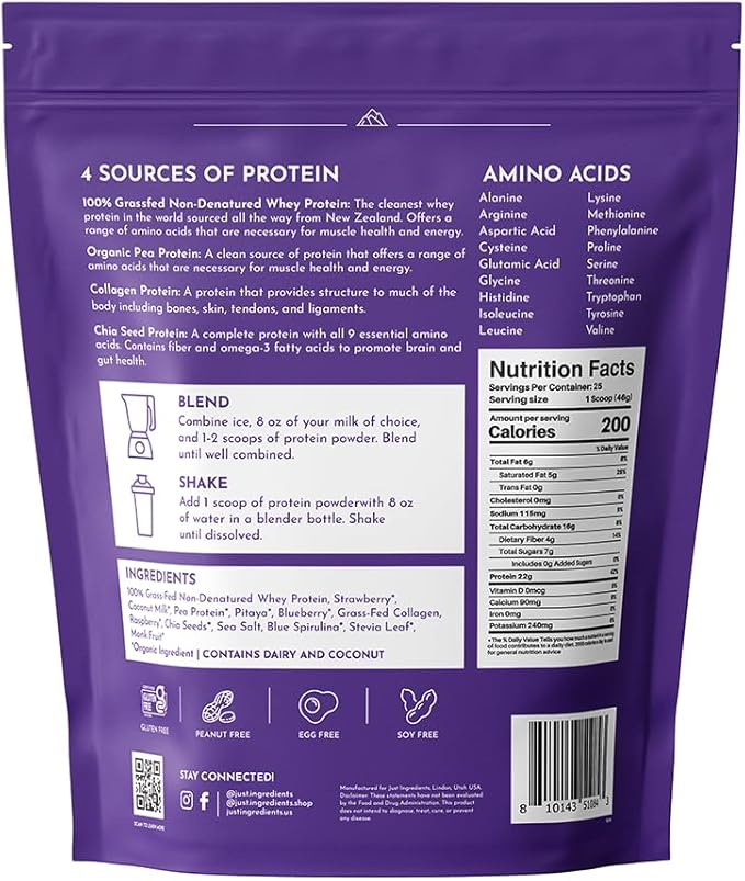 JUST INGREDIENTS Mountain Berry Protein Powder ??30-Serving Blend with 100% Grass-Fed Whey & Organic Plant Proteins ??Mixed Berry Flavor with Real Fruit ??Supports Muscle Recovery, Energy*