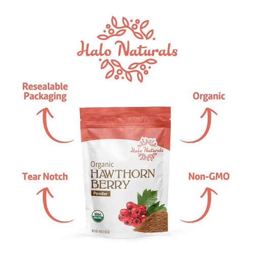 Halo Naturals Organic Hawthorn Berry Powder, 4 Ounces (Crataegus monogyna) USDA Certified | Resealable Pouch| Packaged in The USA