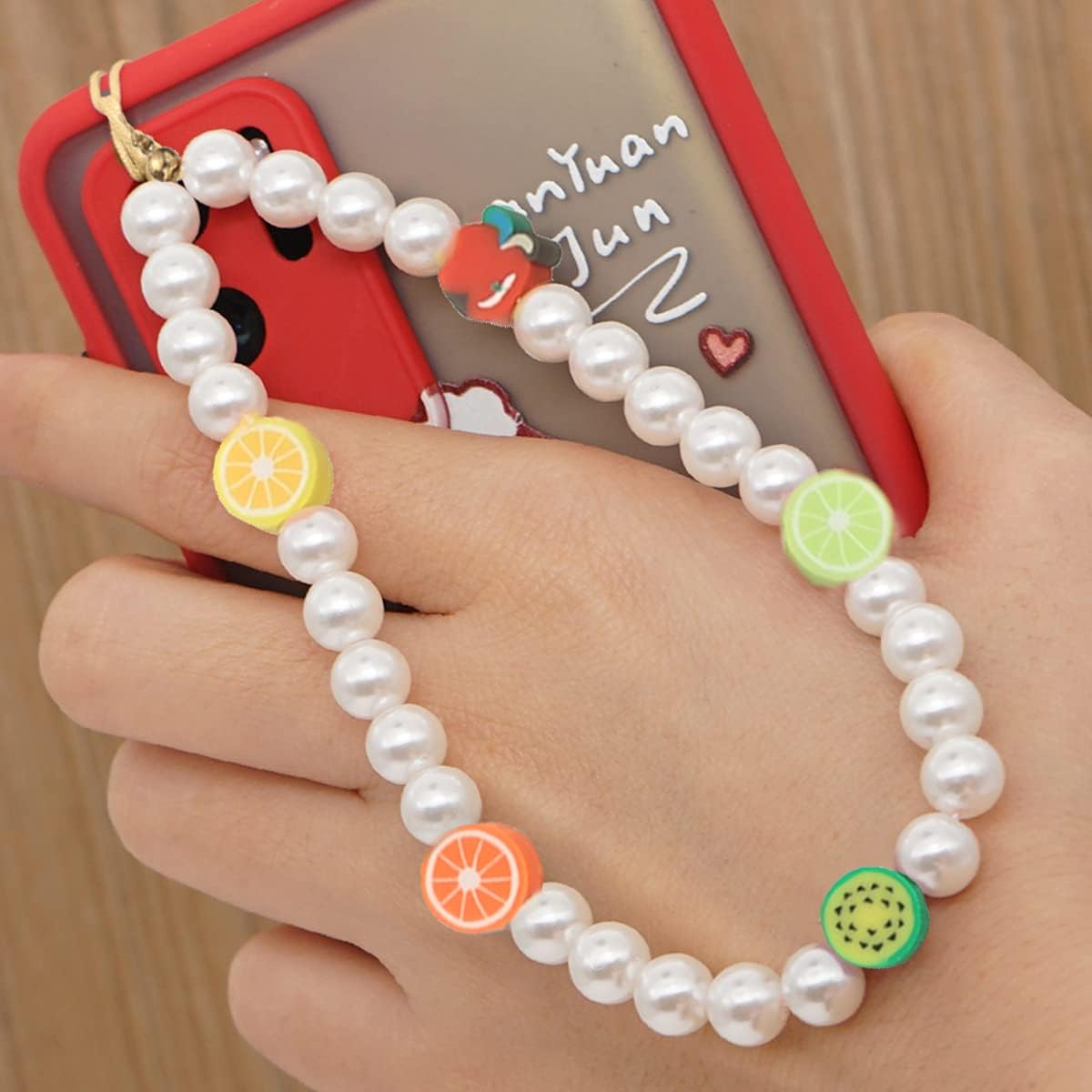 6PCS Taouzi Beaded Phone Charms Strap Fruit Star Faux Pearl Rainbow Beads Phone Chains Beaded Lanyard for Camera Key