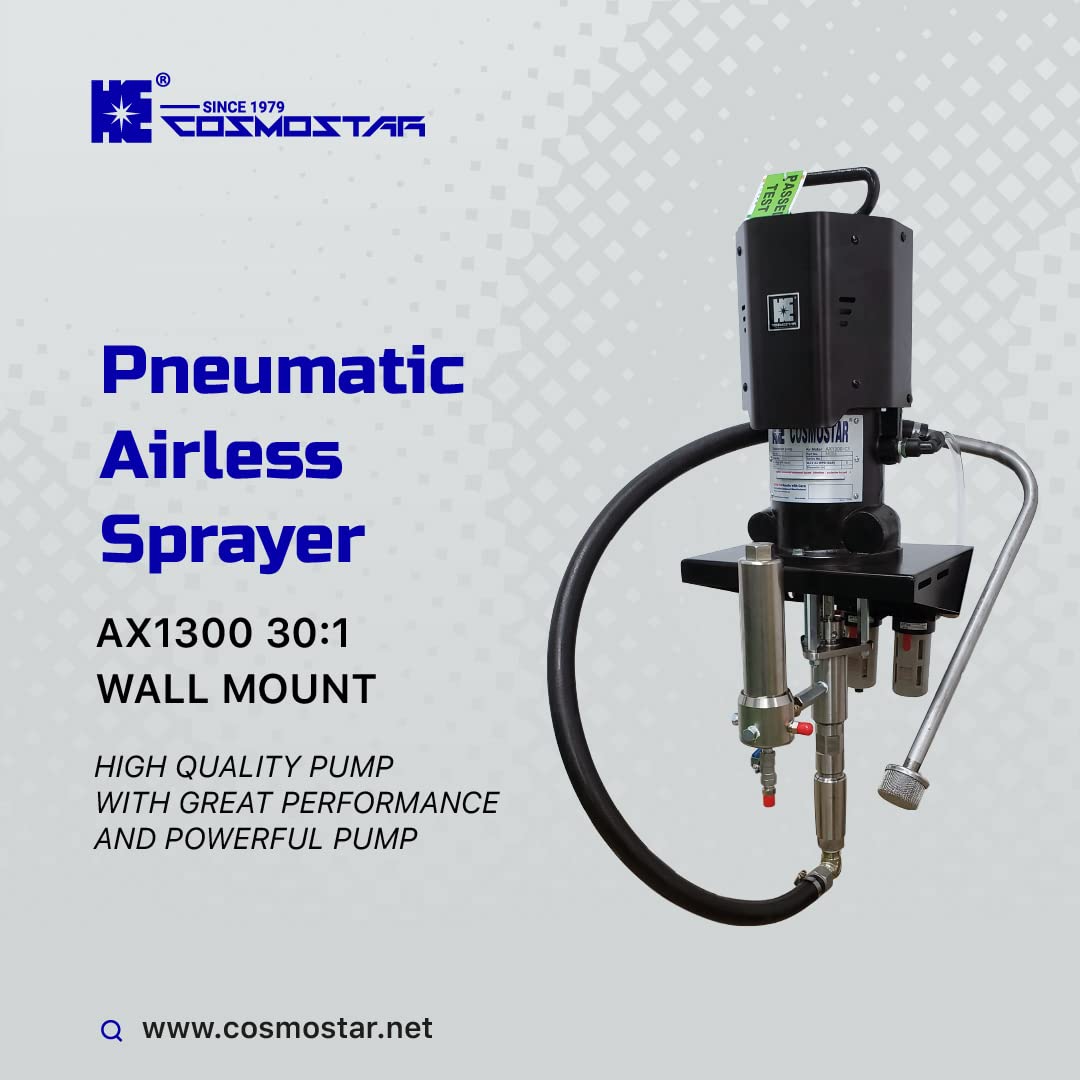 Cosmostar AX1300 30:1 Pneumatic Airless Sprayer, Max Fluid Working Pressure 3600 PSI, High Efficiency Paint Spray, Powerful Machines for Protective coatings. Wall Mount Set with Gun,Tip, & Hose