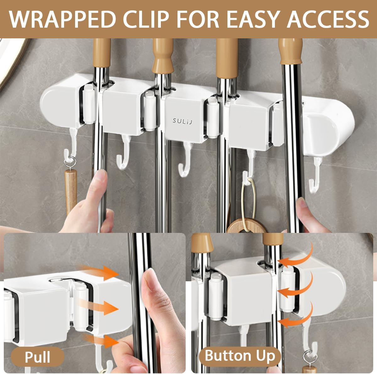 Skiennix Broom Holder Wall Mount - No-Drilling Self-Adhesive Storage Rack with Hooks | 2 Pcs, White