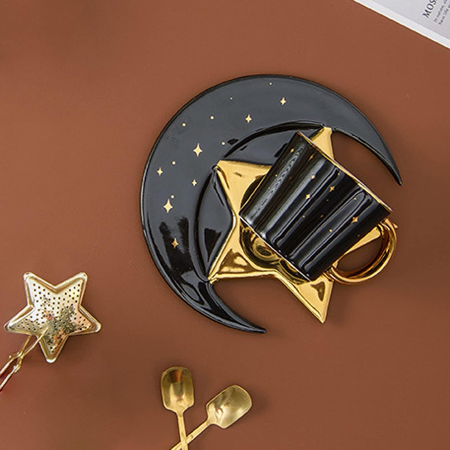 4.2 Ounce Irregular Ceramic Coffee Cup,Gold Plate Handle Mug,Moon and Star Shape Coffee Tea Cup and Saucer Sets with spoon,for Cappuccino,Tea,Cocoa,Cereal,Hot Chocolate (Black with Golden)