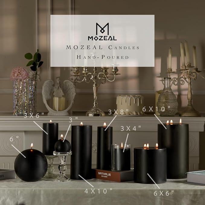 MOZEAL 3" x 8" Hand-Poured Unscented Large Candle,Smokeless Rustic Pillar Candle Set of 2,Slow Burn,No Drip,Approx 150 Hours Burning,Wedding,Dinner,Christmas and Home Decorative,Tall Black Candle