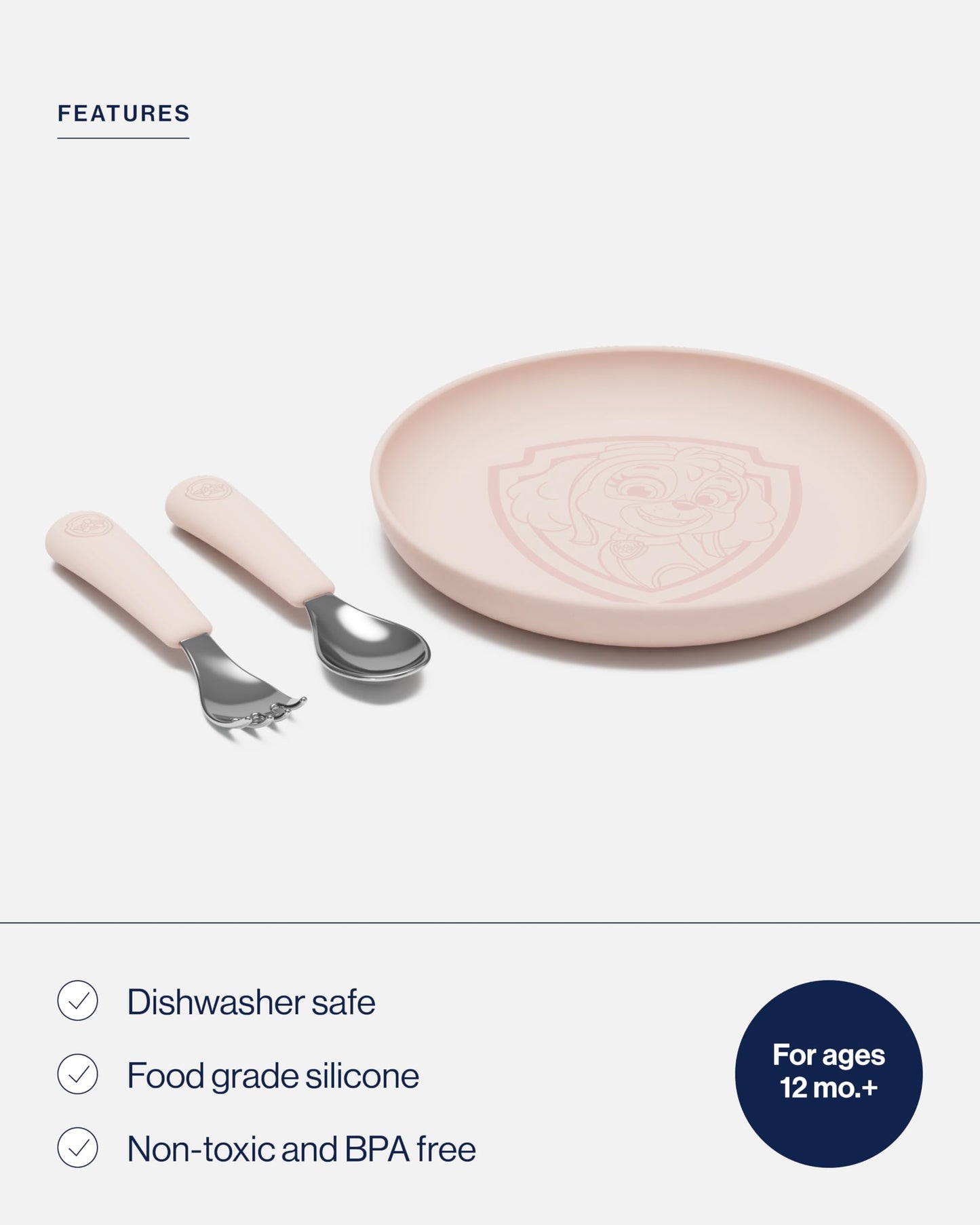 Lalo PAW Patrol Plate & Utensil Set For Kids - Dishwasher Safe Toddler Dinnerware Set - BPA Free for Over 12 Months - Includes Plate, Ergonomic Spoon and Fork - 3 Pieces - Skye
