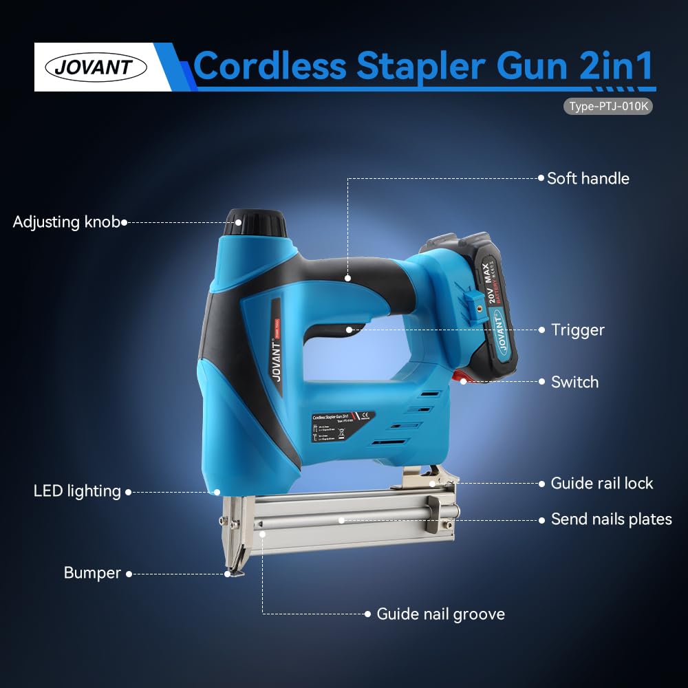 2 in 1 Nail Gun Battery Powered, 20V Cordless Nail Gun,4 * 80pcs Nails, 4 * 88pcs Staples, with Staple Puller, 2 * 2.0Ah Li-Ion Batteries and 2.4A Charger, Brad Nailer for Home Improvement & DIY