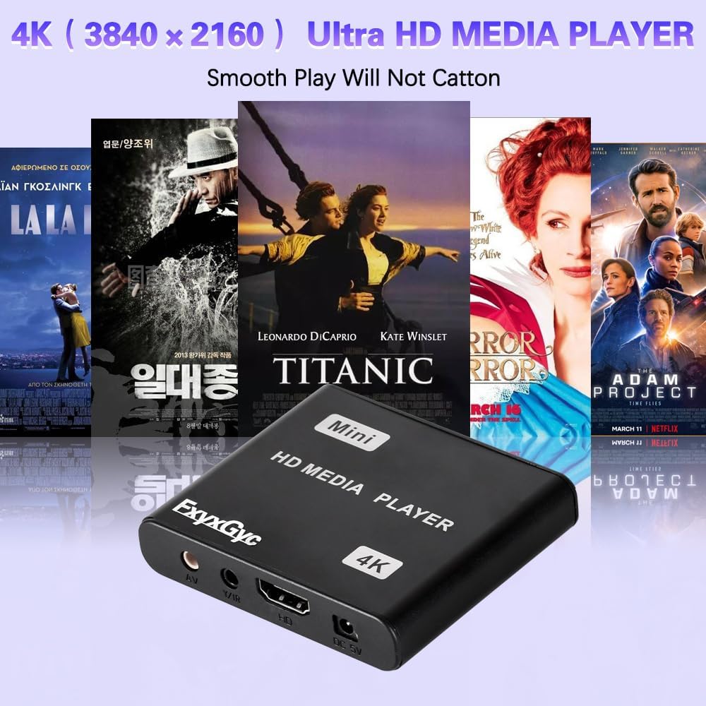 FxyxGyc 4K 4K@30Hz Output,H.265/H.264/AVC MP4/MKV/MP3/TS/Rmvb/Mov/JPG HDMI Media Player, Ultra HD Digital Media Player