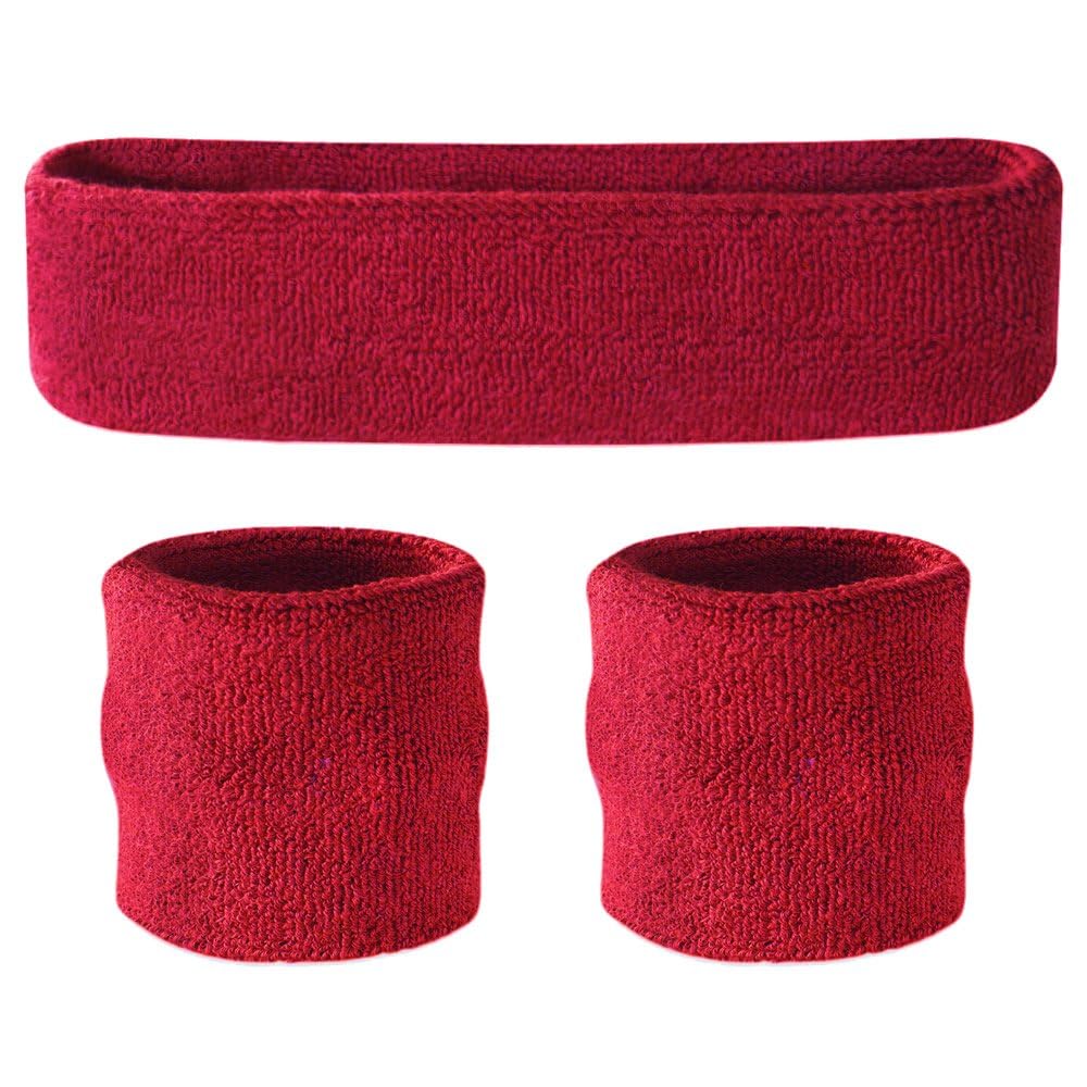 Suddora Sweatbands Set, Moisture Wicking 2 Wristbands and 1 Headband, Breathable Terry Cloth Athletic Bands for Basketball, Tennis, Yoga, Gym, Sweat Bands for Costumes and Cosplay, Maroon