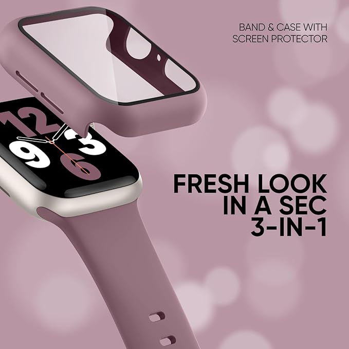 Compatible for Apple Watch Band 44mm 45mm and Case with Screen Protector, Soft Silicone Sport Strap Bands and Protective Cover with Tempered Glass for iWatch Series 9 8 7 SE 6 5 4