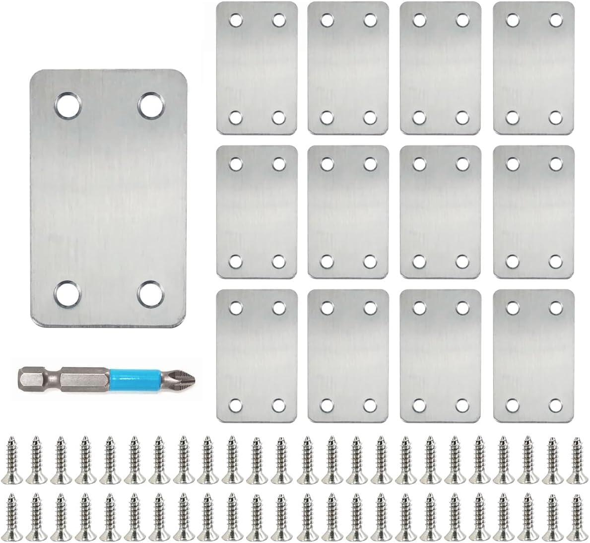 QSJ 12 Pack Flat Mending Plate, Metal Bracket, Stainless Steel Brace 2.36 x 1.49'', Fixing Joining Plate for Wood with 48PCS Screws, 1x Screwdriver., Black, QSJ-03