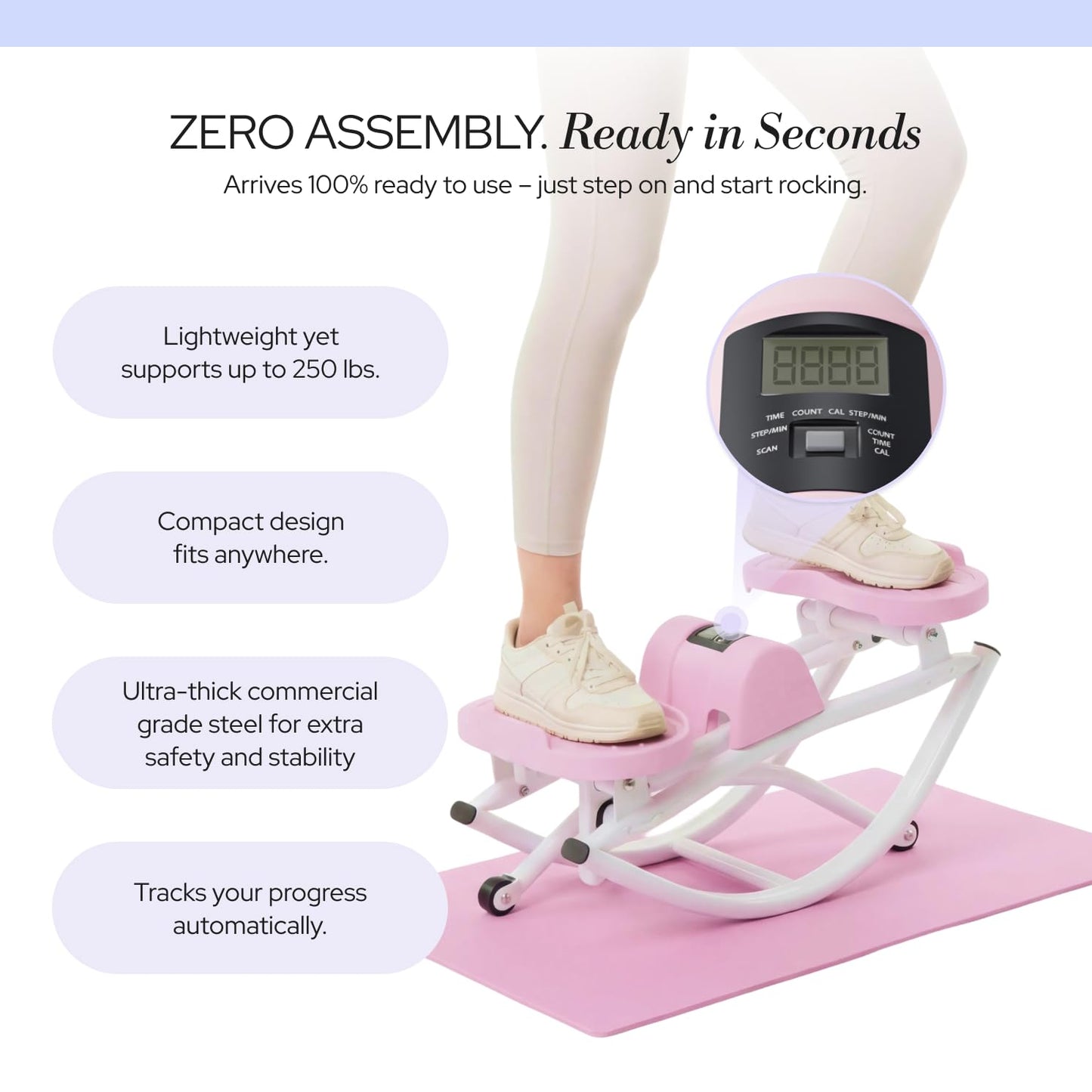 LhanelFit The Rock Stepper - Side to Side Rocking Stepper Machine for Home Workouts - Low Impact Indoor Cardio Leg Glute and Core Training - Quiet Compact Step Rocker Exercise Equipment (Pink)