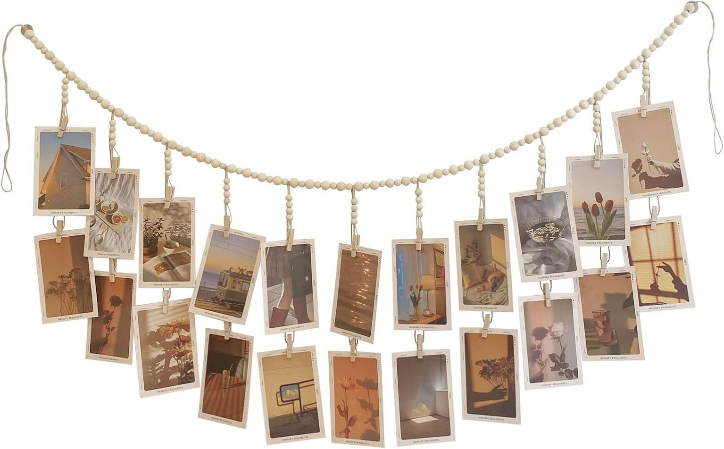 Wooden Bead Garland Photo Display by [Brand Name] - Boho Style Hanging Collage with 22 Clips for Dorms & Bedrooms
