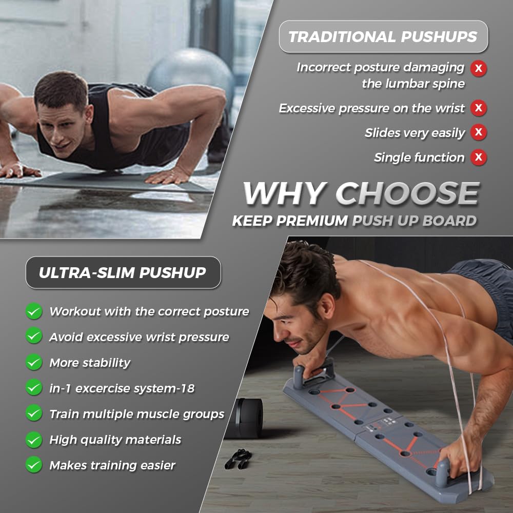 KEEP Push Up Board, 18-in-1 Foldable Pushup Bar for Men & Women, Portable Home Gym Equipment for Chest, Triceps, Shoulder & Back Workout, Heavy-Duty ABS Muscle Strength Training System (Grey)