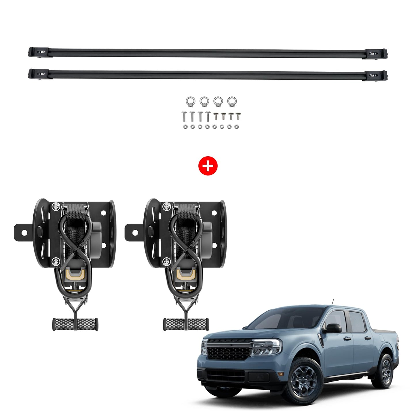 Maxzina Retractable Ratchet Straps Bundle with 2022-2025 2026 Ford Maverick Cargo Bars Truck Bed Rack Crossbars Divider Pickup Side Rail Bars Sliding T-Slot Crossbars for 2024 Maverick Accessories