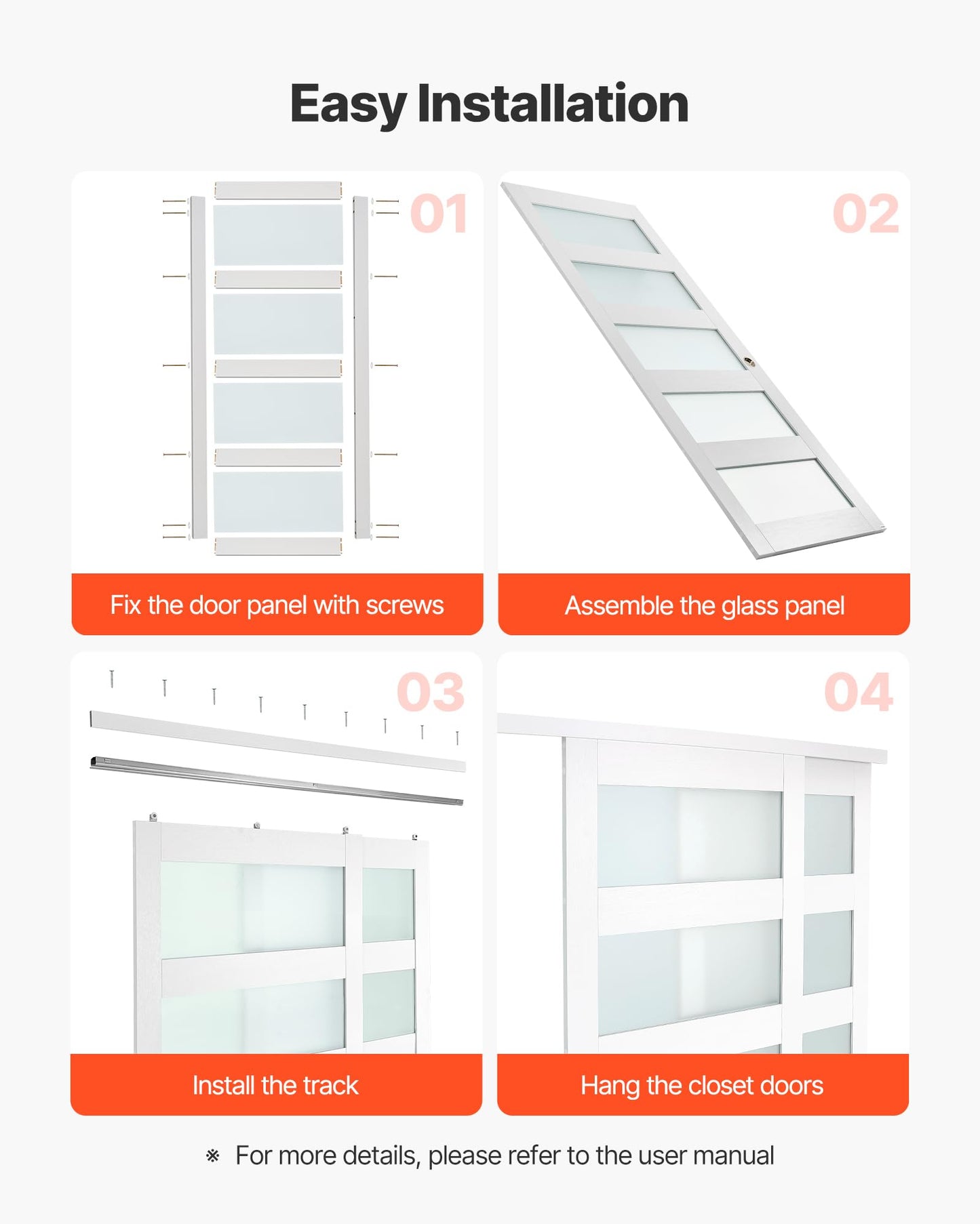 VEVOR Sliding Closet Door, 60" (Double 31") x 80", 5-Lite Frosted Glass with Hardware Kit & Floor Guide, Solid Wood & MDF Slab with Waterproof PVC Surface, Pre-Drilled Doors Panel, Need to Assemble