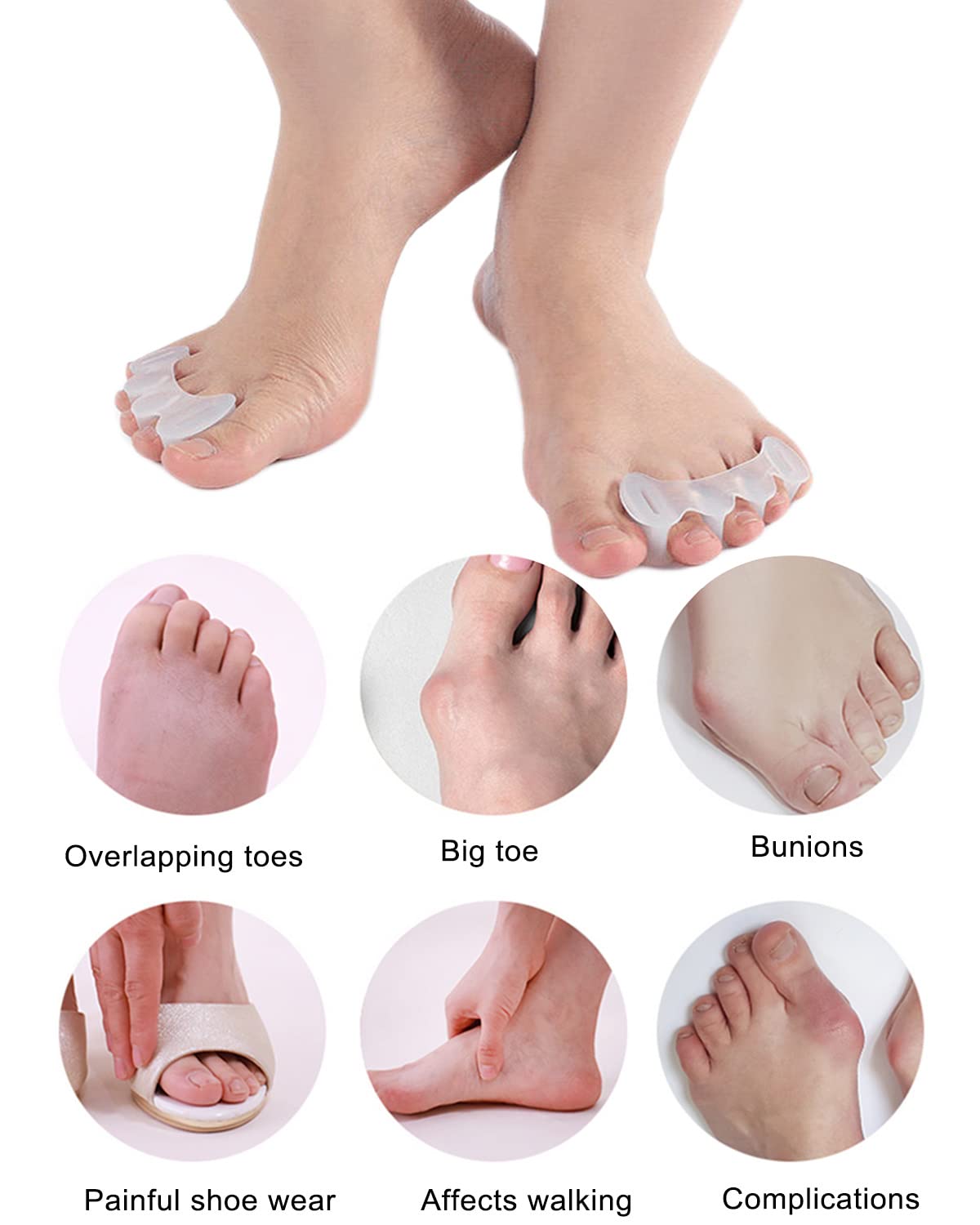 2Pairs Toe Separators Toe Spacers for Women Men to Correct Bunion, Relieve Feet Pain, Foot Alignment, Toe Straighteners for Hammertoes, Plantar Fasciitis (M, Women Shoe Size 9-12.5, Men: 7-11)