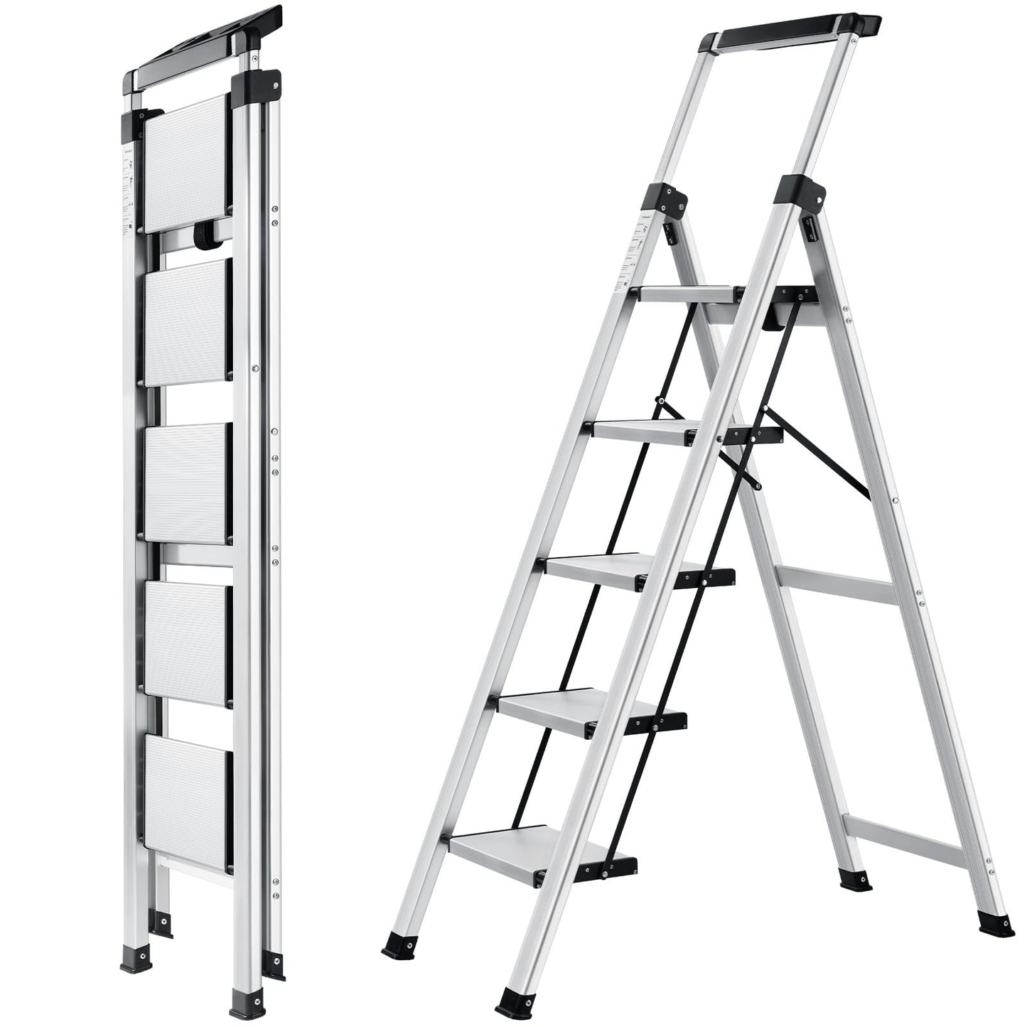 XinSunho 5 Step Ladder, Retractable Handgrip Folding Step Stool with Anti-Slip Wide Pedal, Aluminum Stool Ladders 5 Steps, 330lbs Safety Household Ladder