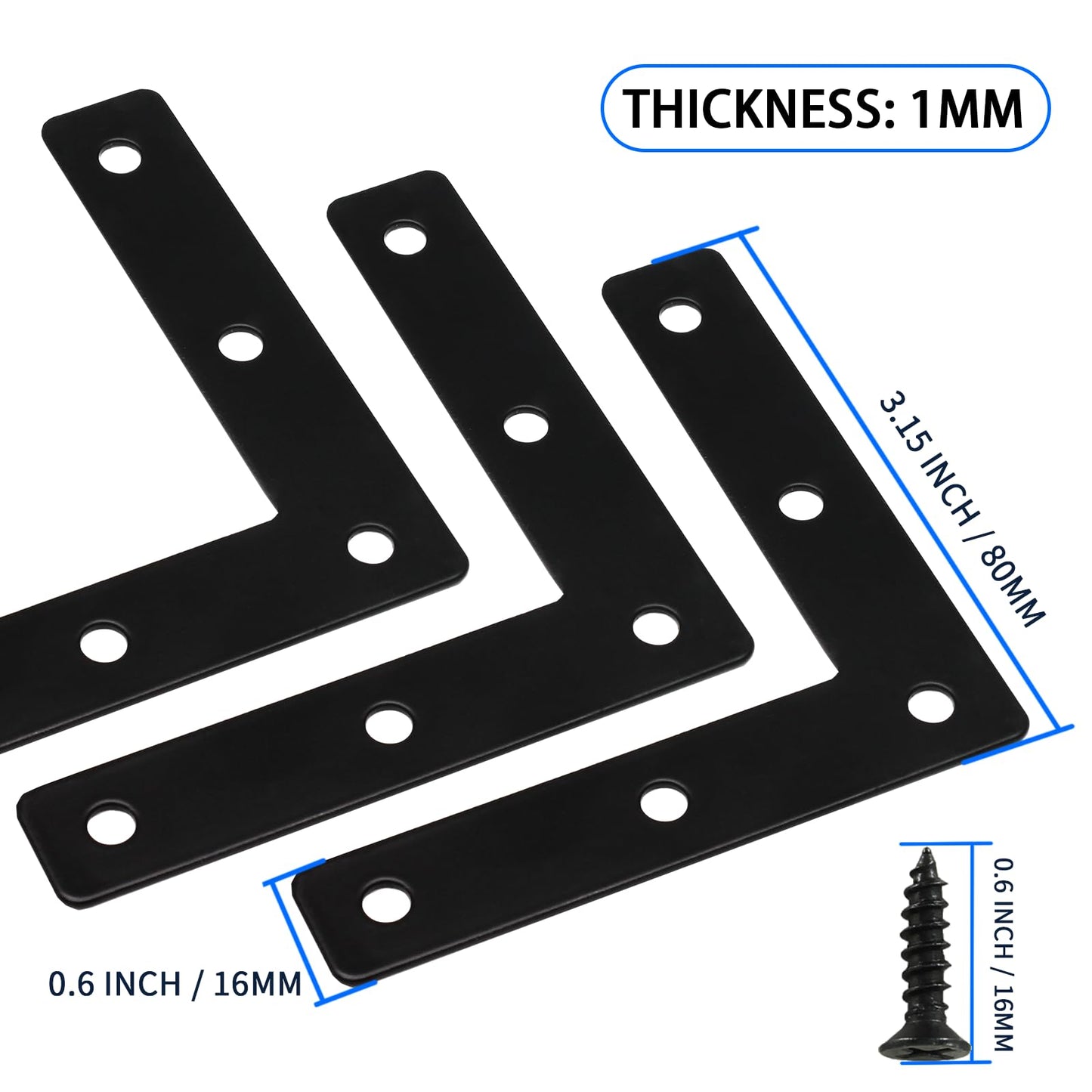 Hordion 10Pcs 3 x 3 Inch L Bracket Corner Brace (80 X 80mm), Iron Flat Corner Bracket, Metal L Shaped Support Brace, Right Angle Repair Plates with Screws